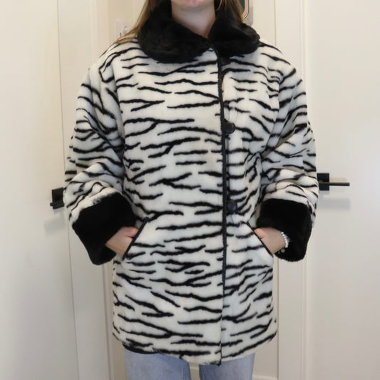 Vintage 1980s Plush Zebra Print Reversible Coat