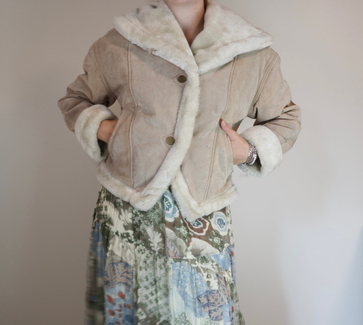 Vintage 1980s Annex Cream Leather Fur Lined Coat