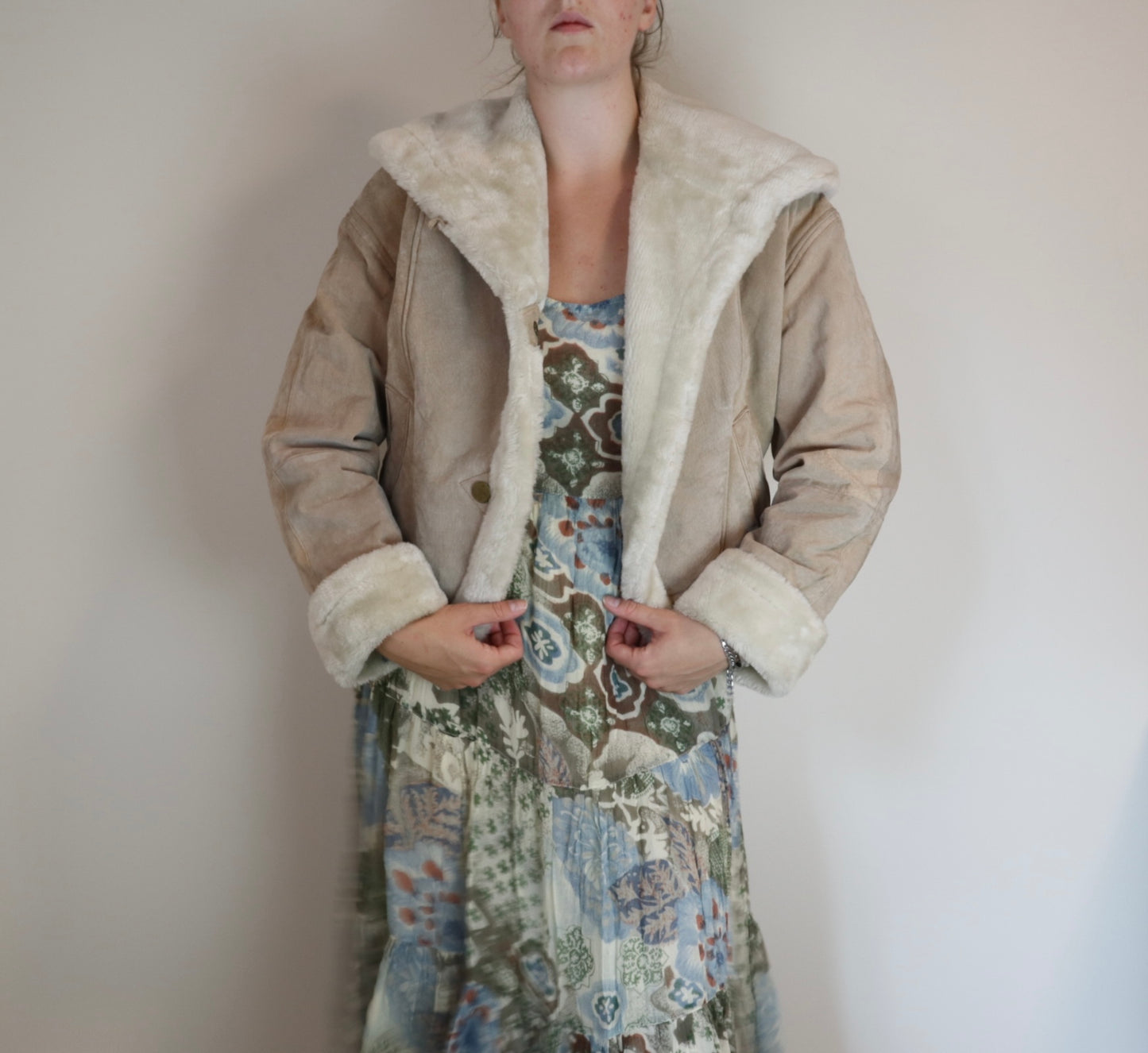 Vintage 1980s Annex Cream Leather Fur Lined Coat