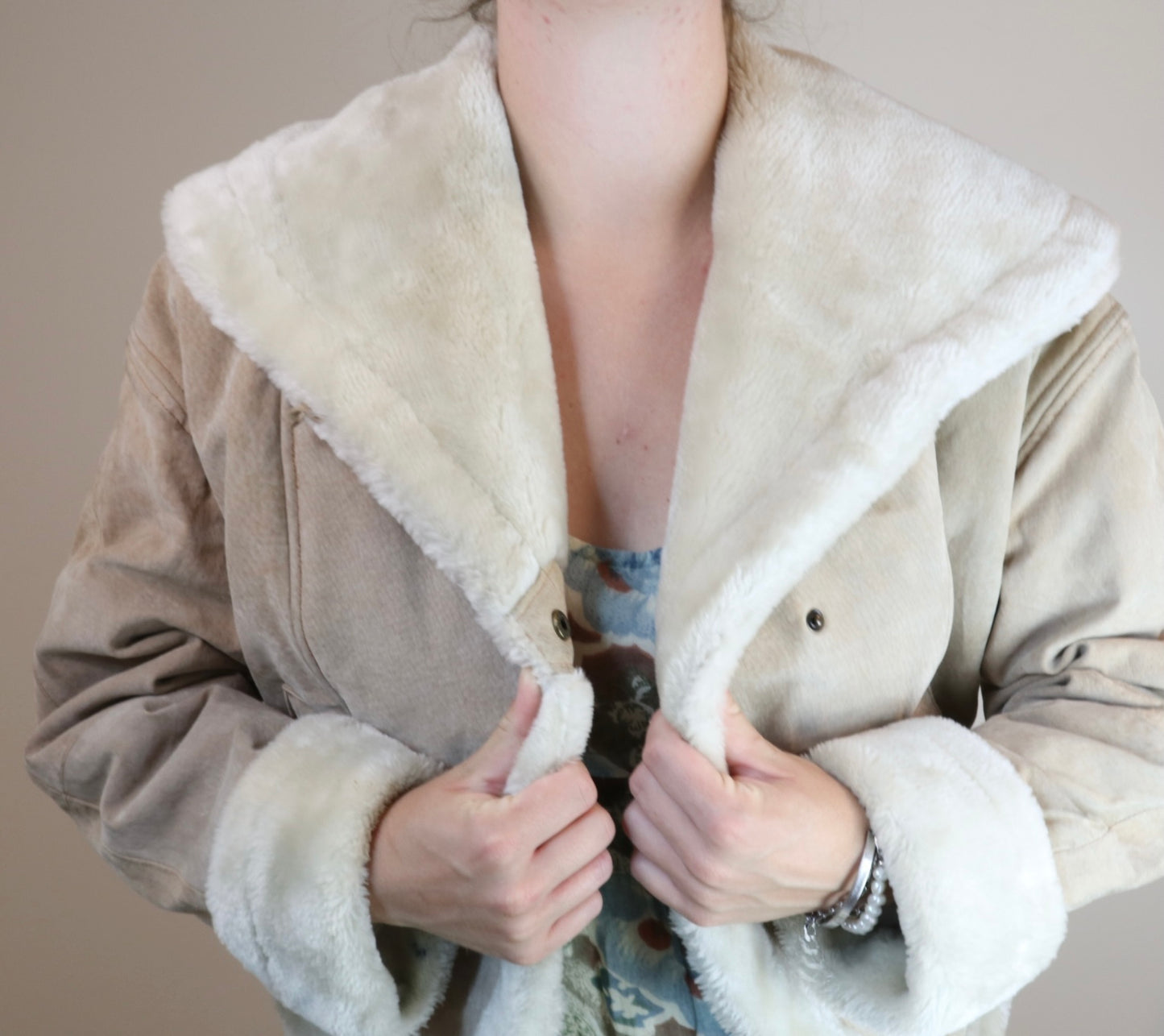 Vintage 1980s Annex Cream Leather Fur Lined Coat